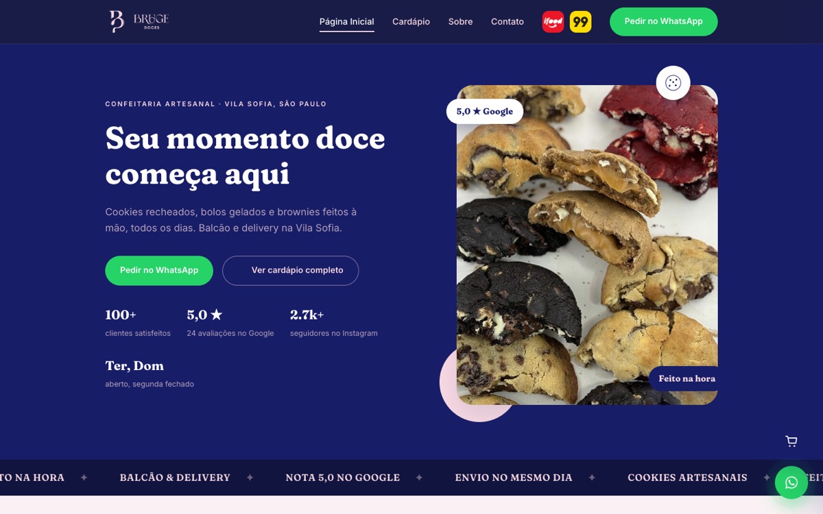 Site da Bruge Doces aberto no computador