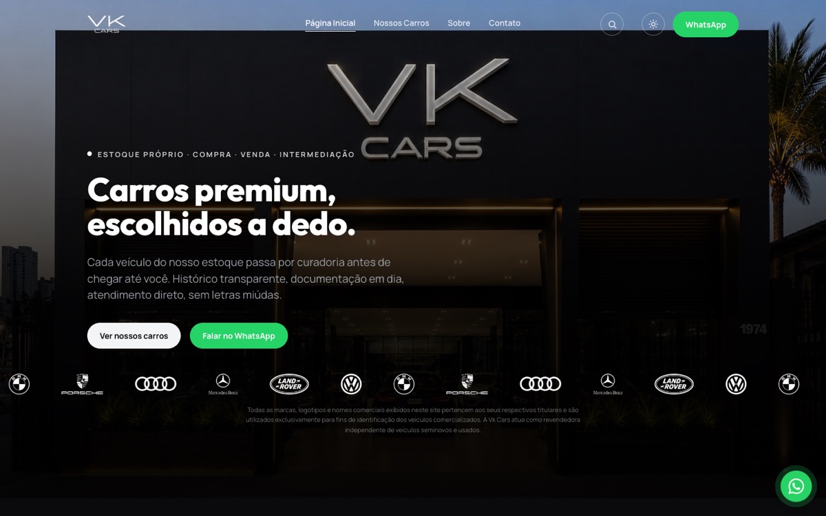 Site da VK Cars aberto no computador